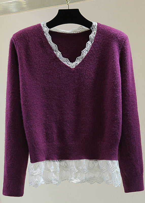 Fitted Purple V Neck Lace Patchwork Cotton Knit Sweater Winter