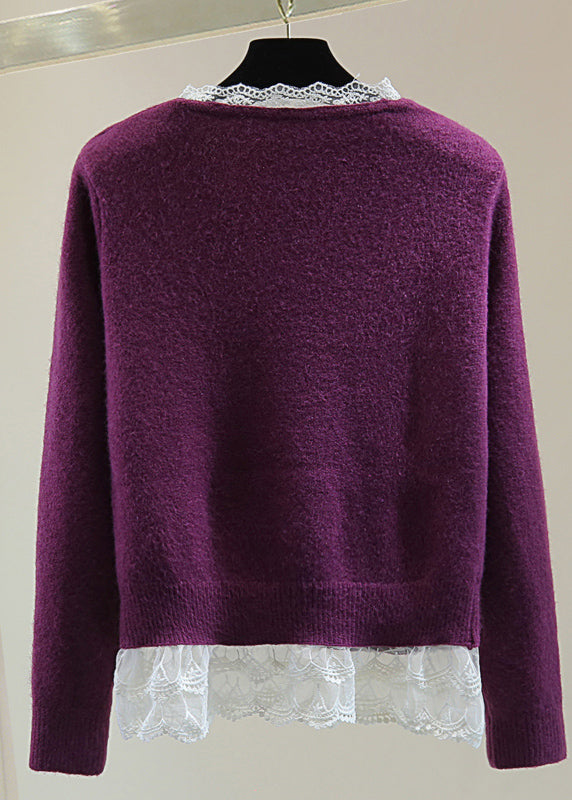 Fitted Purple V Neck Lace Patchwork Cotton Knit Sweater Winter