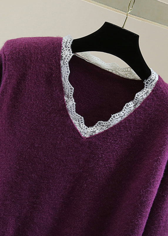 Fitted Purple V Neck Lace Patchwork Cotton Knit Sweater Winter