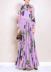 Fitted Purple V Neck Print Lace Up Wrinkled Silk Maxi Dresses Spring