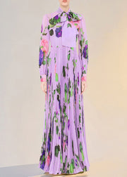 Fitted Purple V Neck Print Lace Up Wrinkled Silk Maxi Dresses Spring