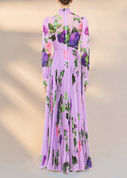 Fitted Purple V Neck Print Lace Up Wrinkled Silk Maxi Dresses Spring