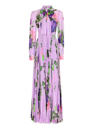 Fitted Purple V Neck Print Lace Up Wrinkled Silk Maxi Dresses Spring