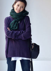 Fitted Purple V Neck Thick Cotton Knit Sweaters Batwing Sleeve