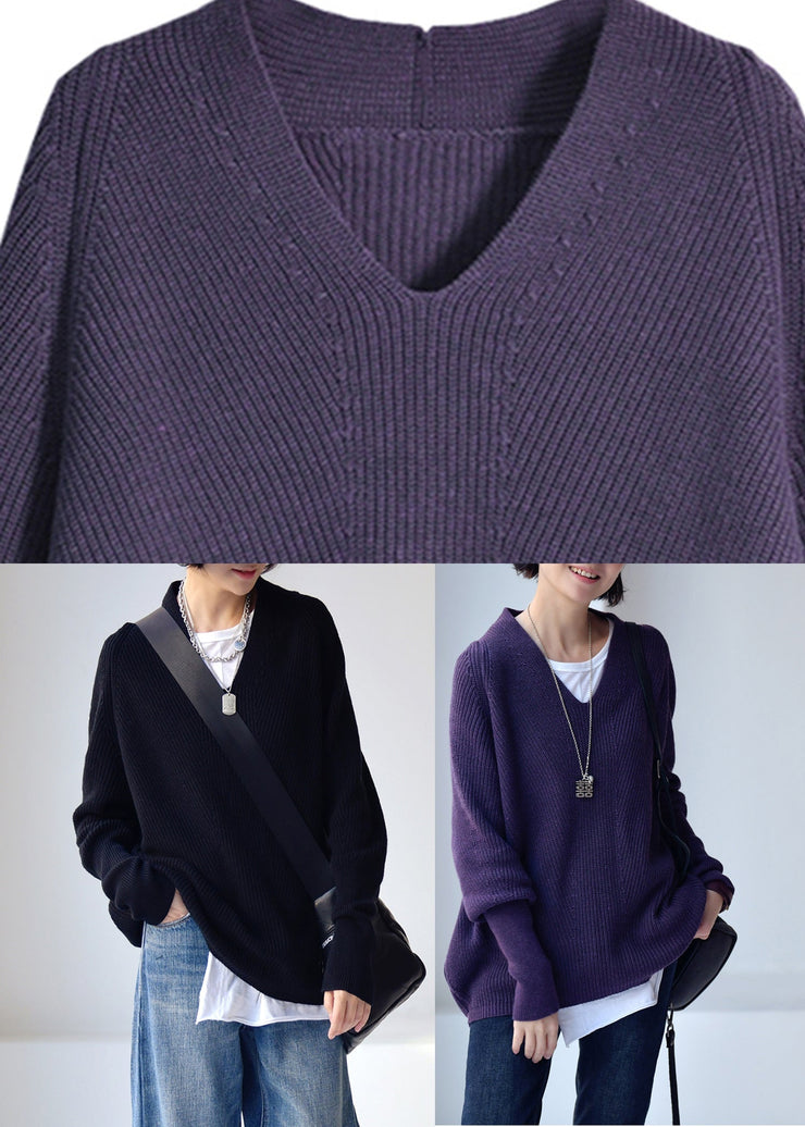 Fitted Purple V Neck Thick Cotton Knit Sweaters Batwing Sleeve