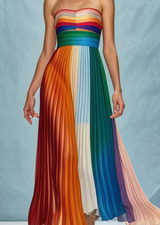 Fitted Rainbow Patchwork Wrinkled Chiffon Strapless Dress Summer