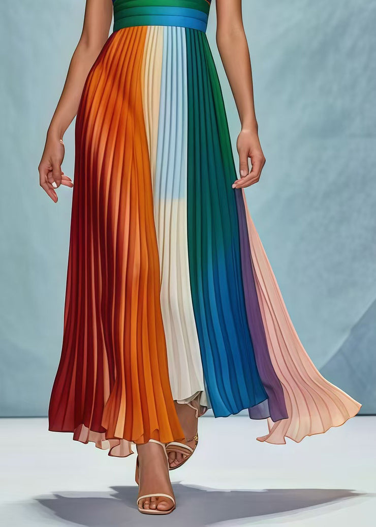 Fitted Rainbow Patchwork Wrinkled Chiffon Strapless Dress Summer