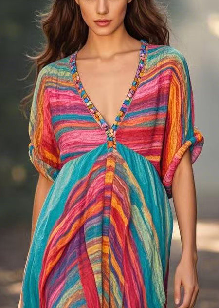 Fitted Rainbow V Neck Cotton Holiday Dress Summer