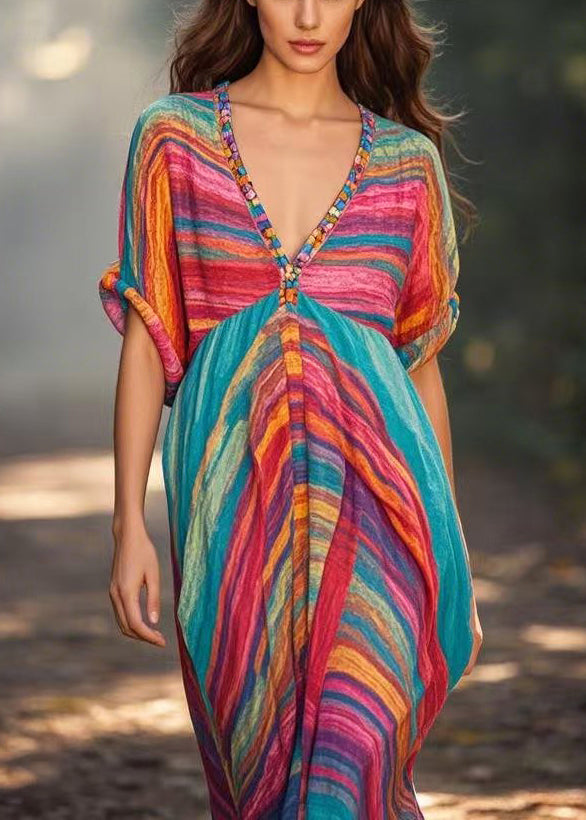 Fitted Rainbow V Neck Cotton Holiday Dress Summer