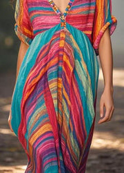 Fitted Rainbow V Neck Cotton Holiday Dress Summer