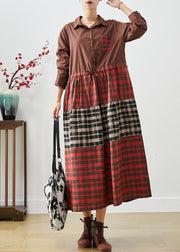 Fitted Red Cinched Patchwork Plaid Cotton Dresses Fall