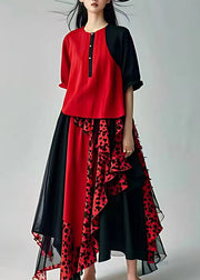 Fitted Red Print Holiday Chiffon Long Dress Short Sleeve