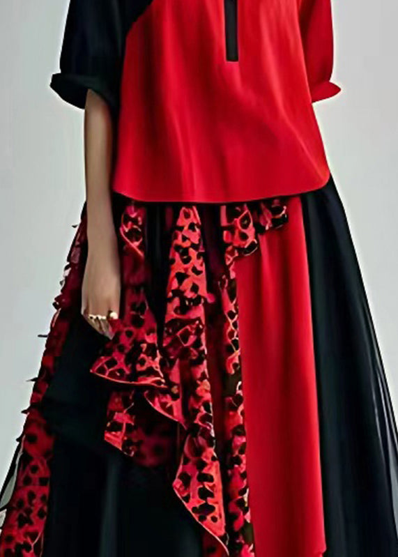 Fitted Red Print Holiday Chiffon Long Dress Short Sleeve