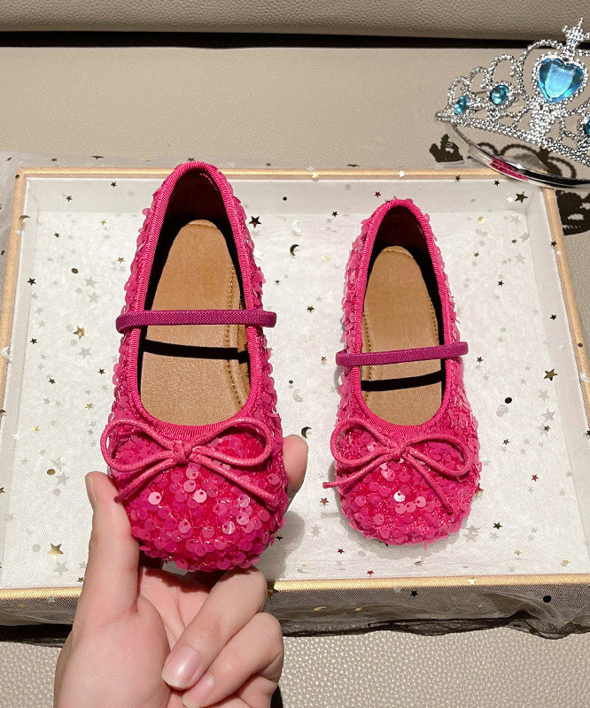 Fitted Red Sequins Kids Flat Shoes Lace Up