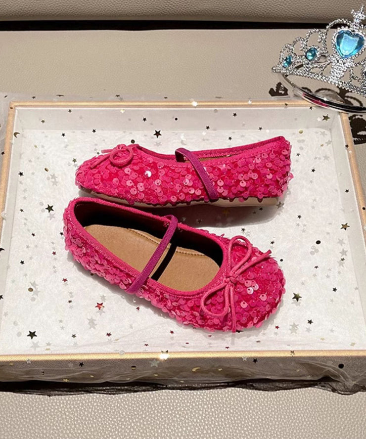 Fitted Red Sequins Kids Flat Shoes Lace Up