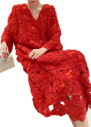 Fitted Red V Neck Hollow Out Floral Dress Long Sleeve