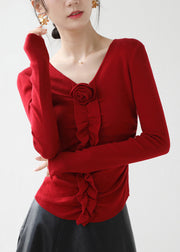 Fitted Red V Neck Ruffled Floral Knit Top Spring