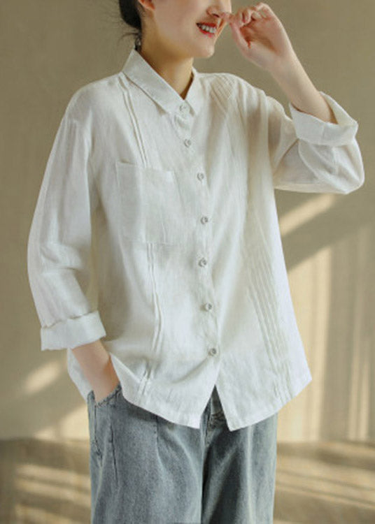 Fitted Rose Peter Pan Collar Wrinkled Button Linen Shirt Long Sleeve