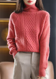 Fitted Rubber Red Hign Neck Thick Woolen Knit Pullover Spring