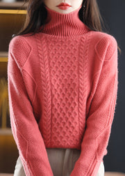 Fitted Rubber Red Hign Neck Thick Woolen Knit Pullover Spring