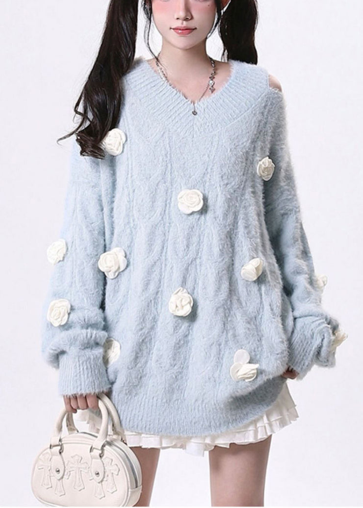 Fitted Sky Blue Cold Shoulder Floral Knit Pullover Spring