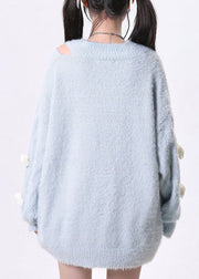 Fitted Sky Blue Cold Shoulder Floral Knit Pullover Spring