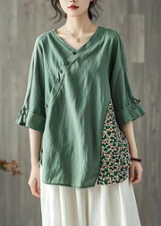 Fitted Tea Green V Neck Patchwork Button Top Summer