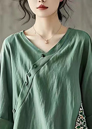 Fitted Tea Green V Neck Patchwork Button Top Summer