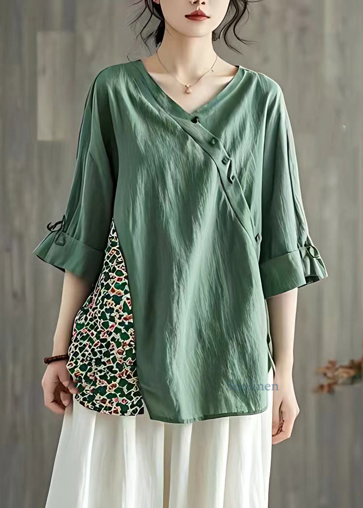 Fitted Tea Green V Neck Patchwork Button Top Summer