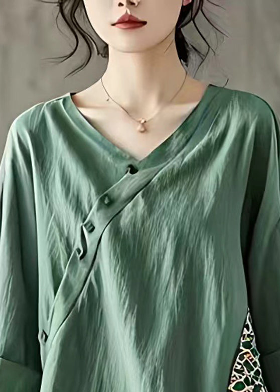 Fitted Tea Green V Neck Patchwork Button Top Summer