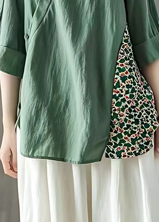 Fitted Tea Green V Neck Patchwork Button Top Summer