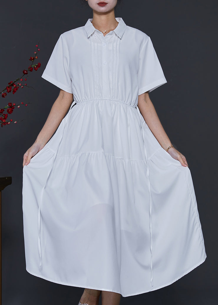 Fitted White Cinched Wrinkled Cotton Dresses Summer