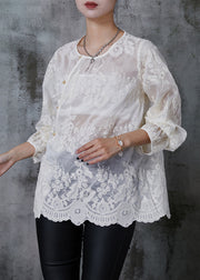 Fitted White Embroidered Cotton Shirt Summer