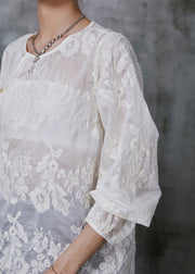 Fitted White Embroidered Cotton Shirt Summer