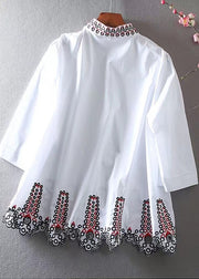 Fitted White Embroidered Hollow Out Cotton Blouses Spring