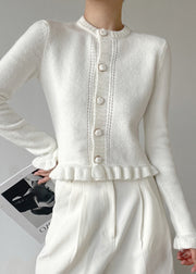 Fitted White O Neck Button Ruffled Knit Cardigan Winter