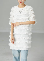 Fitted White O-Neck Patchwork Ruffled Chiffon Dress Summer