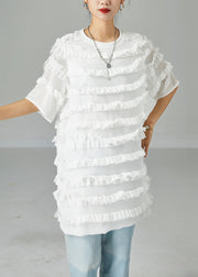 Fitted White O-Neck Patchwork Ruffled Chiffon Dress Summer