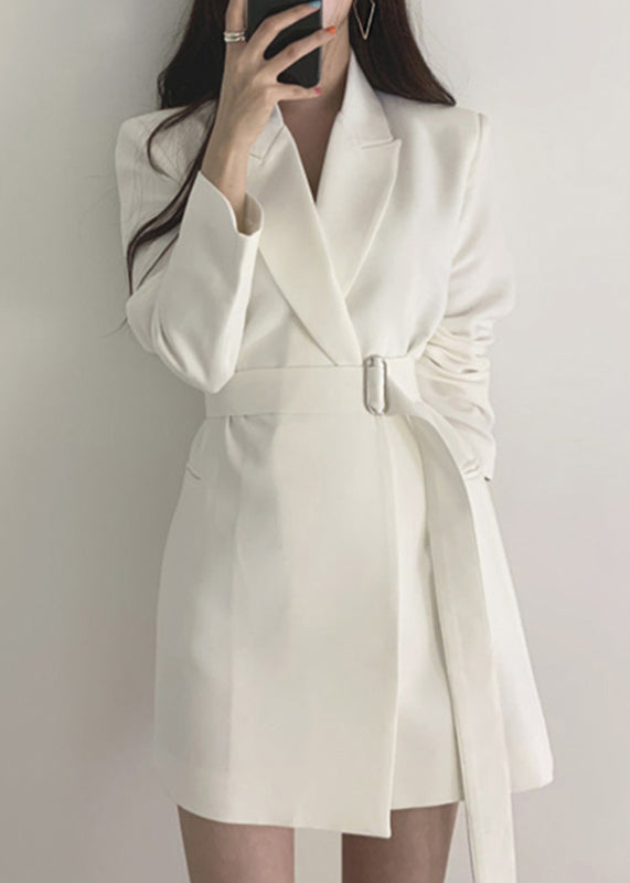 Fitted White Peter Pan Collar Pockets Coat Long Sleeve