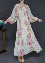 Fitted White Ruffles Print Chiffon Maxi Dress Spring