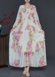 Fitted White Ruffles Print Chiffon Maxi Dress Spring