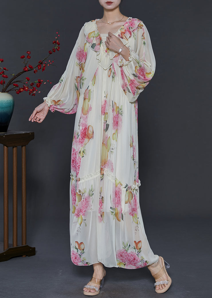 Fitted White Ruffles Print Chiffon Maxi Dress Spring