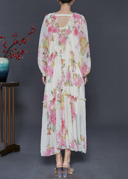 Fitted White Ruffles Print Chiffon Maxi Dress Spring