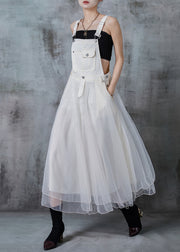 Fitted White Silm Fit Patchwork Organza Long Dress Fall