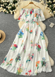 Fitted White Slash Neck Print Chiffon Long Dress Summer