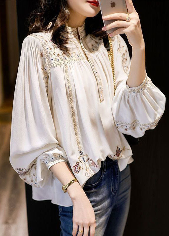 Fitted White Stand Collar Wrinkled Print Chiffon Shirts Long Sleeve