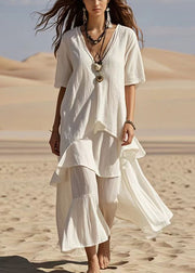 Fitted White V Neck Asymmetrical Design Cotton Ankle Dress Summer