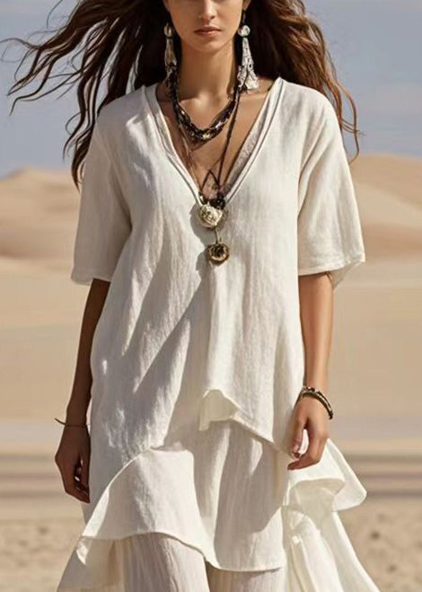 Fitted White V Neck Asymmetrical Design Cotton Ankle Dress Summer