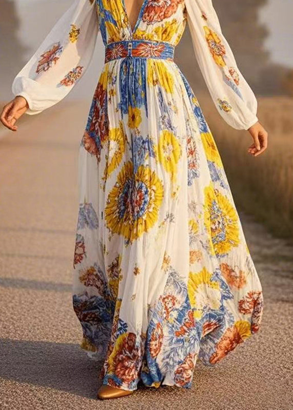 Fitted White V Neck Print Chiffon Maxi Dress Spring