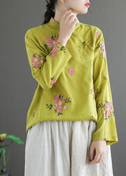 Fitted Yellow Mandarin Collar Floral Embroideried Linen Blouse Top Long Sleeve